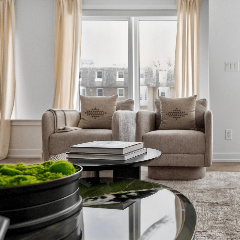 Staged living room at The Towns at York Mills & Leslie.